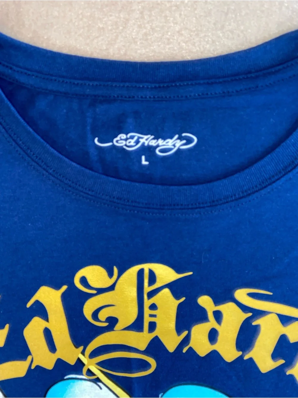 Ed Hardy Blue Short-Sleeve Tattoo Eagle Tee with Yellow Logo - Large